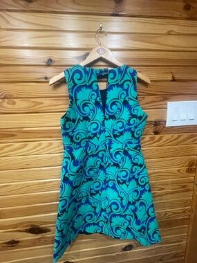 J. Crew Teal & Navy Scroll Print Sleeveless Mini Dress